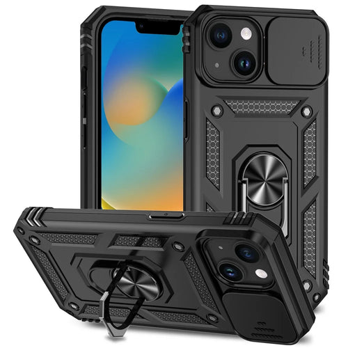 Slide Camera Protector Shell for iPhone 15 Plus , Phone Case Metal Ring Kickstand PC + TPU Cover - Black - 1