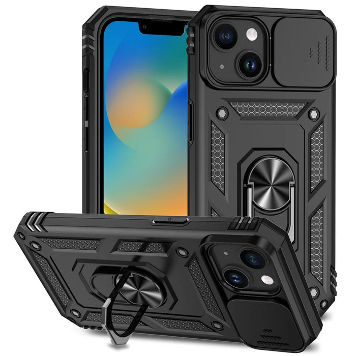 Slide Camera Protector Shell for iPhone 15 Plus , Phone Case Metal Ring Kickstand PC + TPU Cover - Black - 1