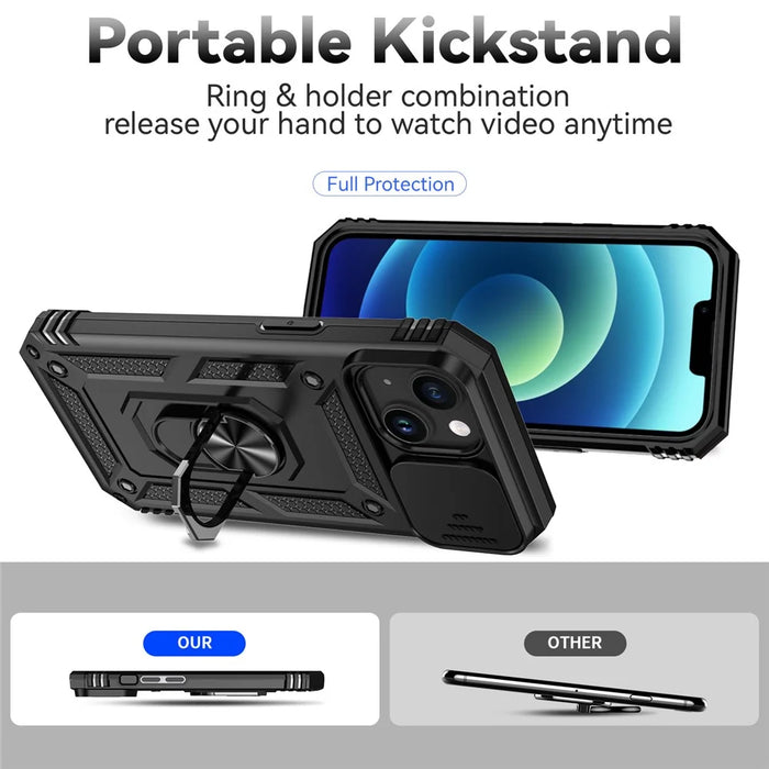 Slide Camera Protector Shell for iPhone 15 Plus , Phone Case Metal Ring Kickstand PC + TPU Cover - Black - 2