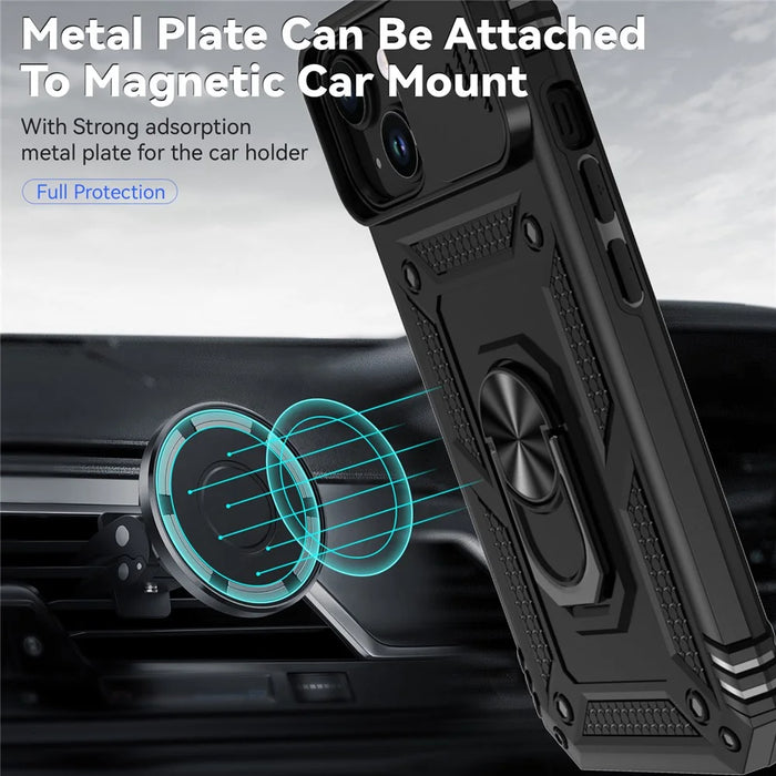 Slide Camera Protector Shell for iPhone 15 Plus , Phone Case Metal Ring Kickstand PC + TPU Cover - Black - 3