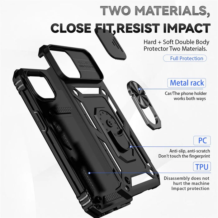 Slide Camera Protector Shell for iPhone 15 Plus , Phone Case Metal Ring Kickstand PC + TPU Cover - Black - 4