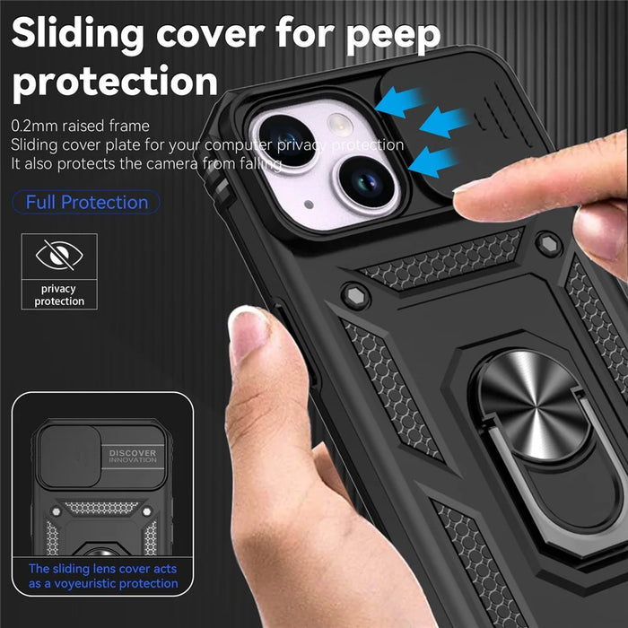 Slide Camera Protector Shell for iPhone 15 Plus , Phone Case Metal Ring Kickstand PC + TPU Cover - Black - 5