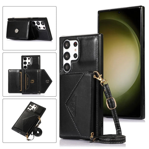 For Samsung Galaxy S23 Ultra PU Leather Coated TPU Phone Case Card Holder Kickstand Shockproof Cover with Shoulder Strap - Black - 1