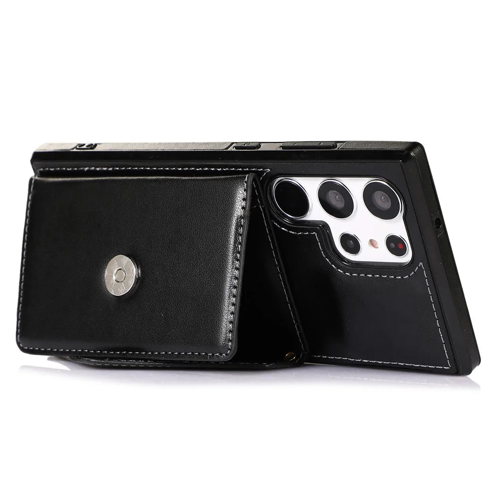 For Samsung Galaxy S23 Ultra PU Leather Coated TPU Phone Case Card Holder Kickstand Shockproof Cover with Shoulder Strap - Black - 2
