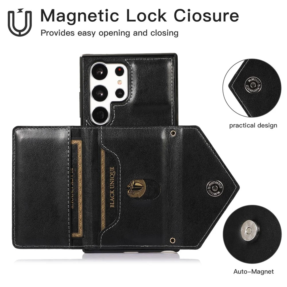 For Samsung Galaxy S23 Ultra PU Leather Coated TPU Phone Case Card Holder Kickstand Shockproof Cover with Shoulder Strap - Black - 4