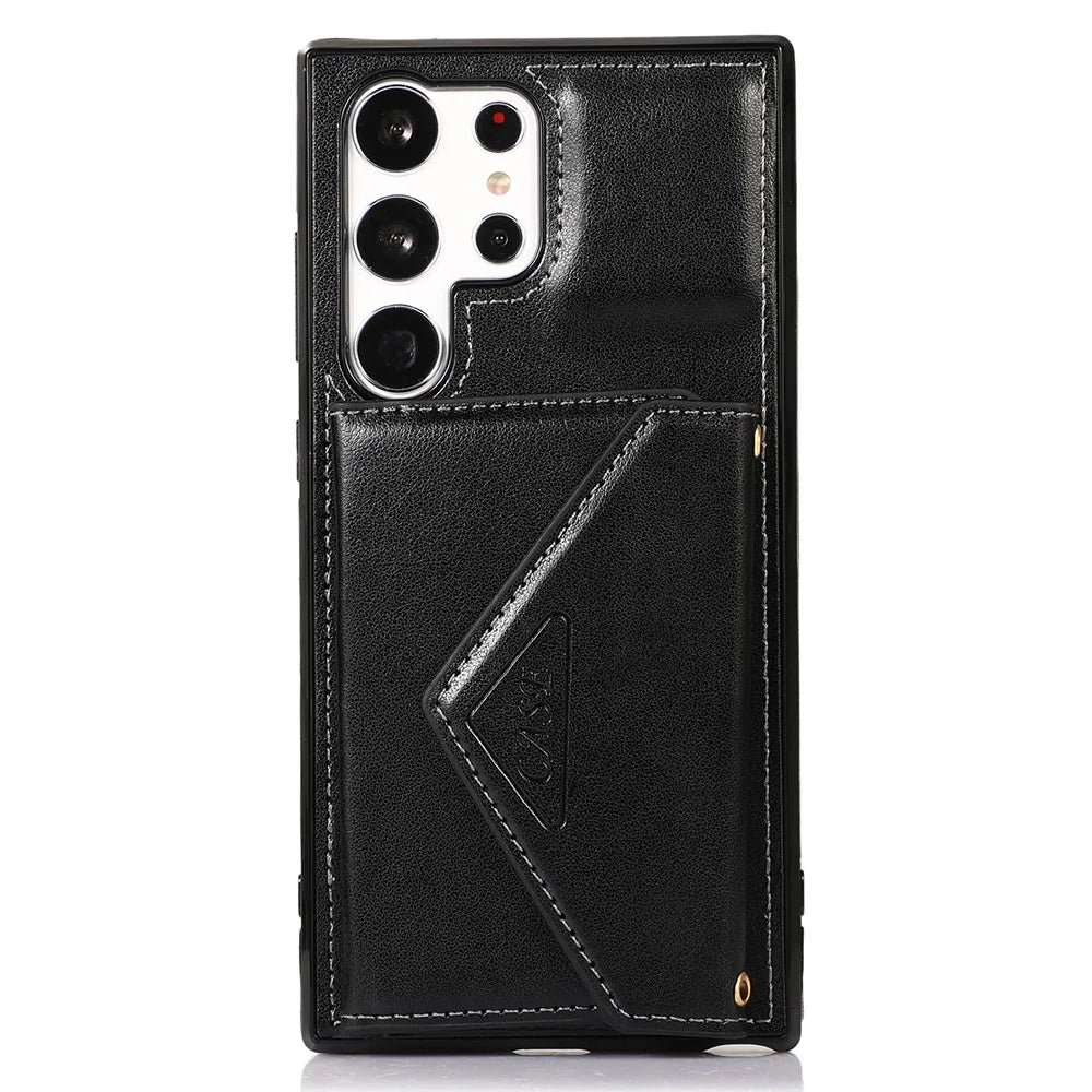 For Samsung Galaxy S23 Ultra PU Leather Coated TPU Phone Case Card Holder Kickstand Shockproof Cover with Shoulder Strap - Black - 6