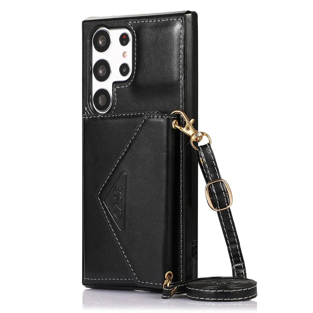 For Samsung Galaxy S23 Ultra PU Leather Coated TPU Phone Case Card Holder Kickstand Shockproof Cover with Shoulder Strap - Black - 7