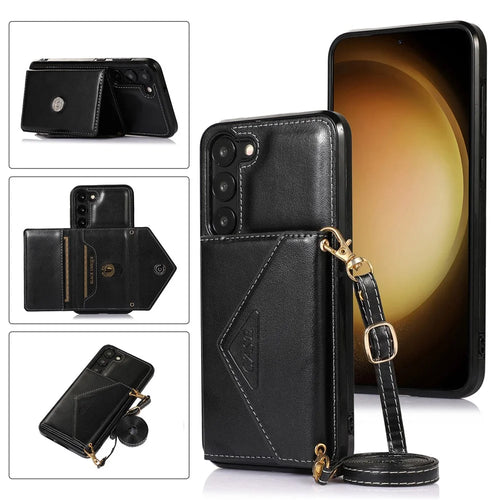 For Samsung Galaxy S23+ Card Holders Phone Case PU Leather Coated TPU Kickstand Cover with Shoulder Strap - Black - 1