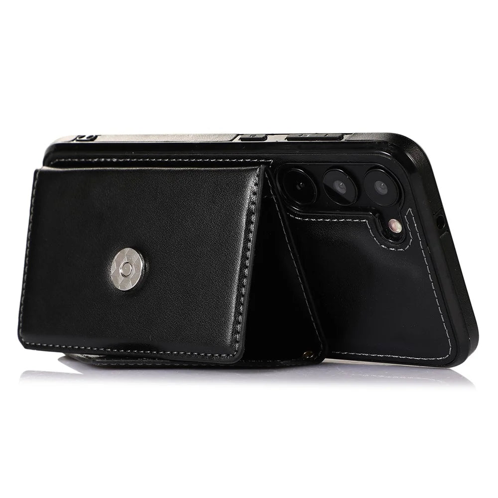 For Samsung Galaxy S23+ Card Holders Phone Case PU Leather Coated TPU Kickstand Cover with Shoulder Strap - Black - 2