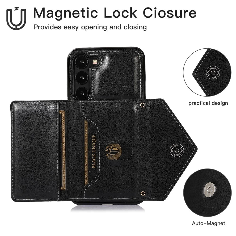 For Samsung Galaxy S23 PU Leather+TPU Kickstand Phone Case Card Holder Slots Cover with Shoulder Strap - Black - 4