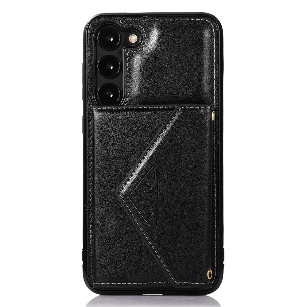 For Samsung Galaxy S23 PU Leather+TPU Kickstand Phone Case Card Holder Slots Cover with Shoulder Strap - Black - 6