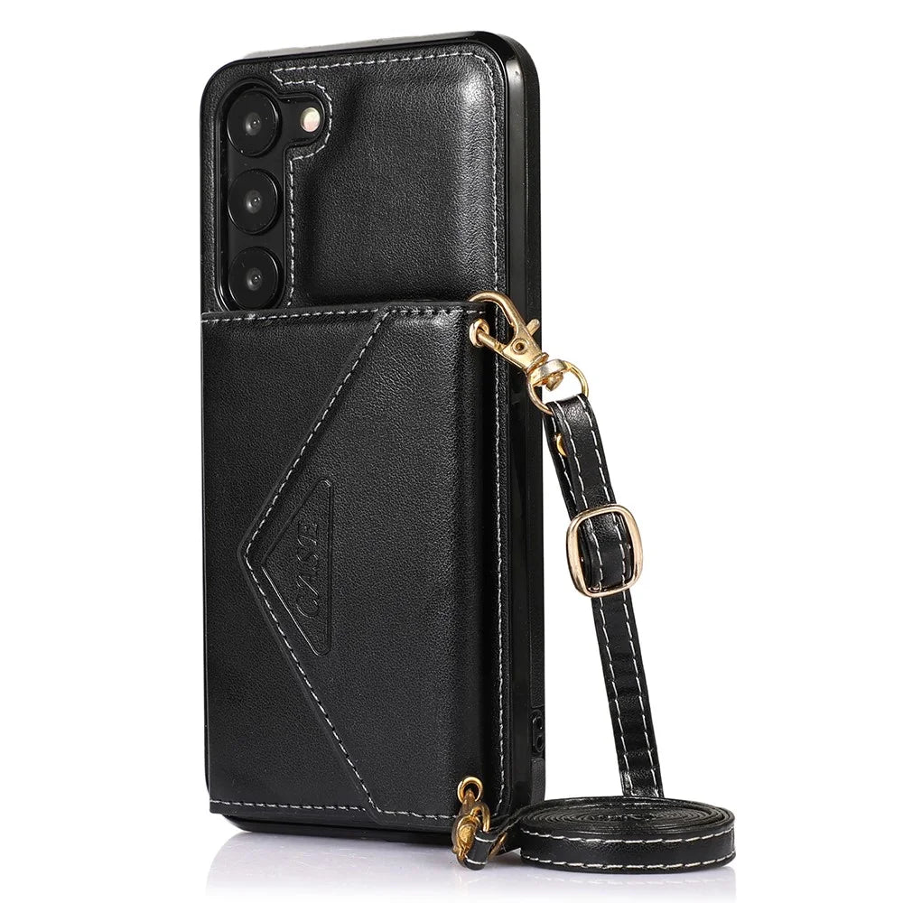 For Samsung Galaxy S23 PU Leather+TPU Kickstand Phone Case Card Holder Slots Cover with Shoulder Strap - Black - 7