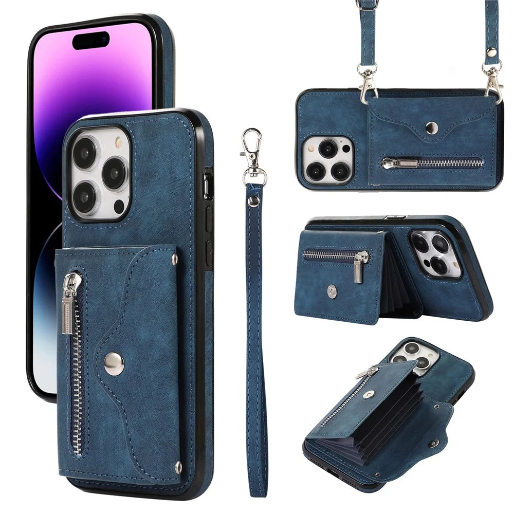 For iPhone 15 Pro Max PU Leather Coated TPU Phone Case Zipper Pocket Card Slots Protective Cover with 2 Straps - Blue - 1