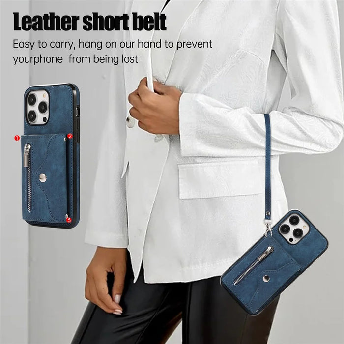 For iPhone 15 Pro Max PU Leather Coated TPU Phone Case Zipper Pocket Card Slots Protective Cover with 2 Straps - Blue - 4