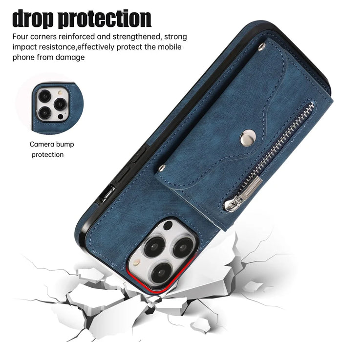 For iPhone 15 Pro Max PU Leather Coated TPU Phone Case Zipper Pocket Card Slots Protective Cover with 2 Straps - Blue - 6