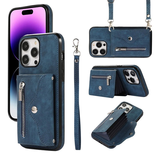 For iPhone 15 Pro RFID Blocking PU Leather + TPU Phone Case Zipper Pocket Card Slots Protective Cover with 2 Straps - Blue - 1