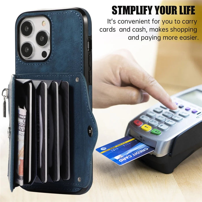 For iPhone 15 Pro RFID Blocking PU Leather + TPU Phone Case Zipper Pocket Card Slots Protective Cover with 2 Straps - Blue - 7