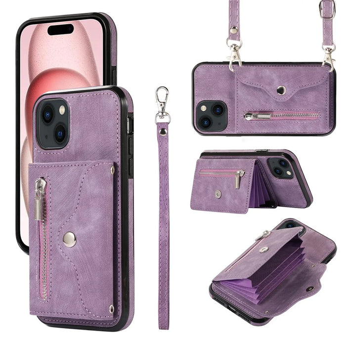 For iPhone 15 Zipper Pocket PU Leather + TPU Phone Case RFID Blocking Card Slots Cover with 2 Straps - Purple - 1