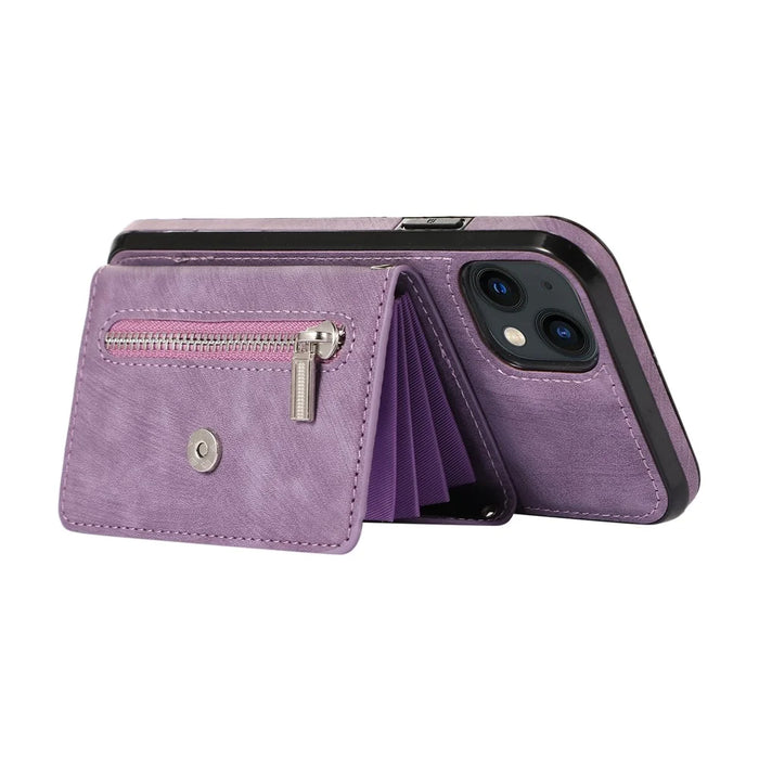 For iPhone 15 Zipper Pocket PU Leather + TPU Phone Case RFID Blocking Card Slots Cover with 2 Straps - Purple - 2