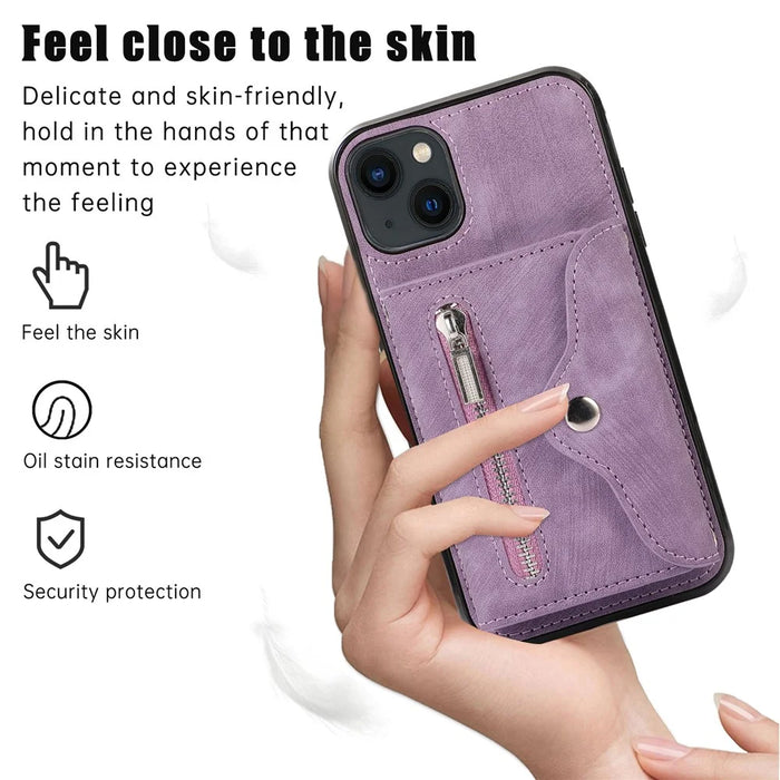 For iPhone 15 Zipper Pocket PU Leather + TPU Phone Case RFID Blocking Card Slots Cover with 2 Straps - Purple - 4