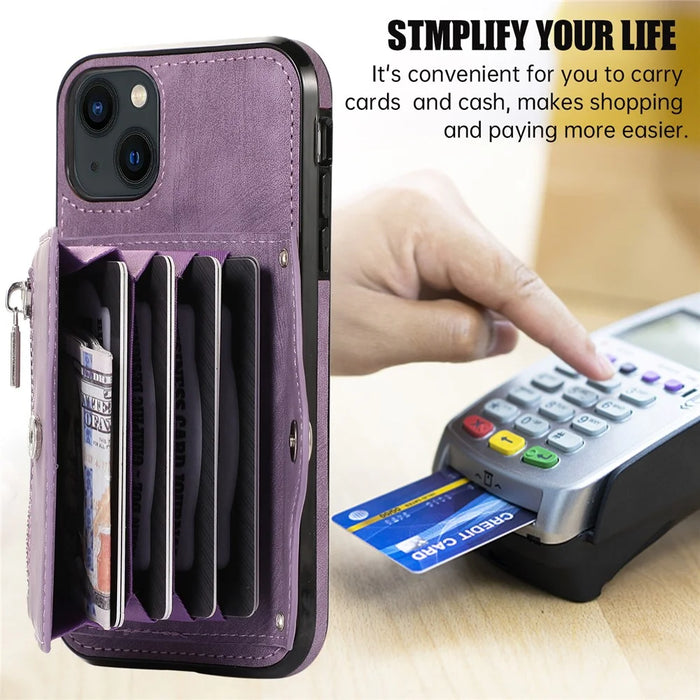 For iPhone 15 Zipper Pocket PU Leather + TPU Phone Case RFID Blocking Card Slots Cover with 2 Straps - Purple - 6