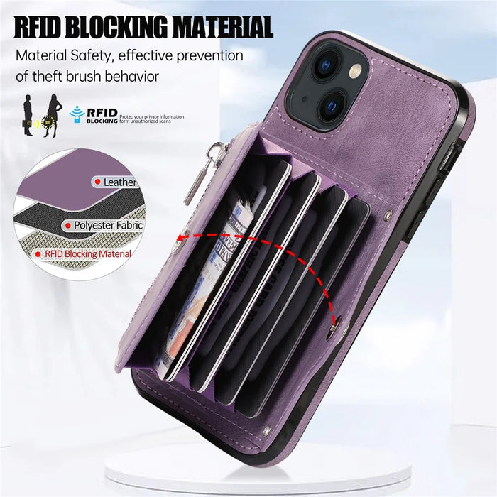 For iPhone 15 Zipper Pocket PU Leather + TPU Phone Case RFID Blocking Card Slots Cover with 2 Straps - Purple - 7