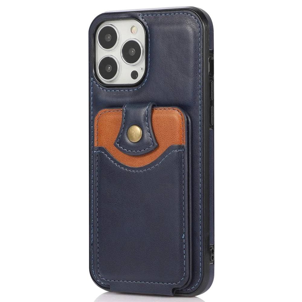 For iPhone 15 Pro Kickstand Vertical Flip Phone Case PU Leather+TPU Phone Shell Cover - Blue - 1