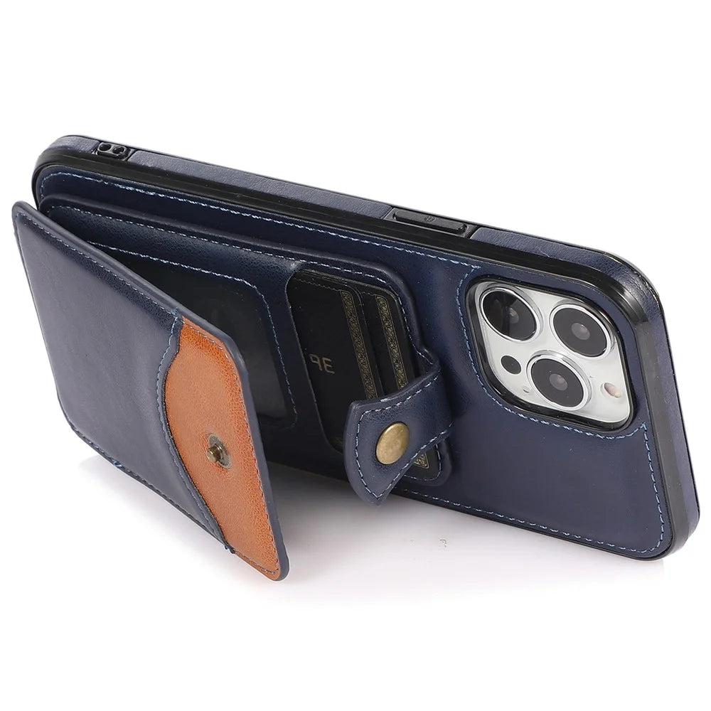 For iPhone 15 Pro Kickstand Vertical Flip Phone Case PU Leather+TPU Phone Shell Cover - Blue - 3