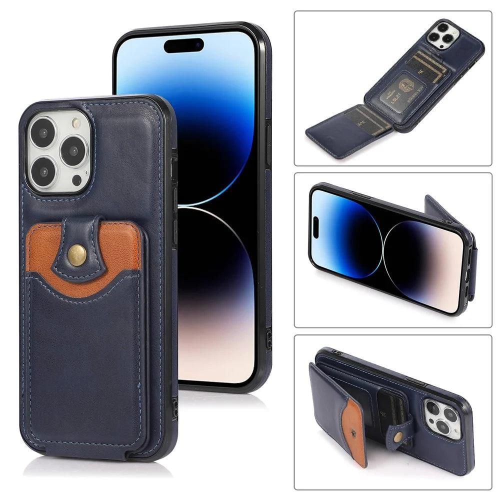 For iPhone 15 Pro Kickstand Vertical Flip Phone Case PU Leather+TPU Phone Shell Cover - Blue - 6