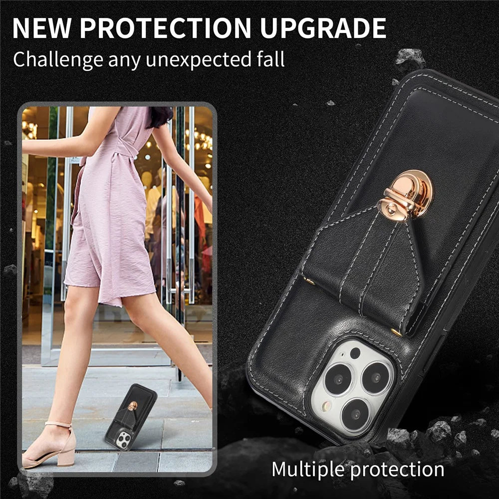 For iPhone 15 Pro Max PU Leather Coated TPU Phone Cover Card Holder Kickstand Phone Shell Case - Black - 7