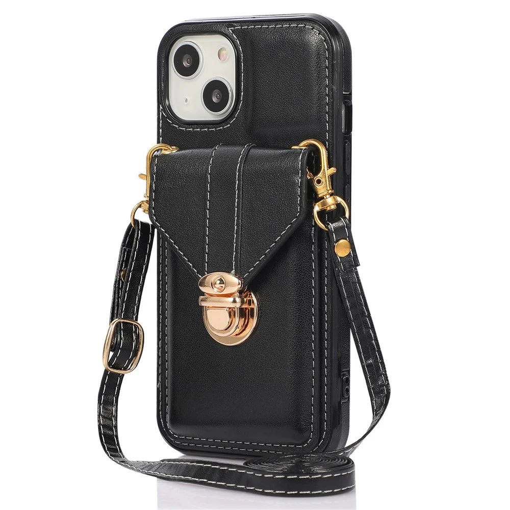 For iPhone 15 Plus Phone Shell Kickstand PU Leather Coated TPU Phone Cover Card Holder Case - Black - 1