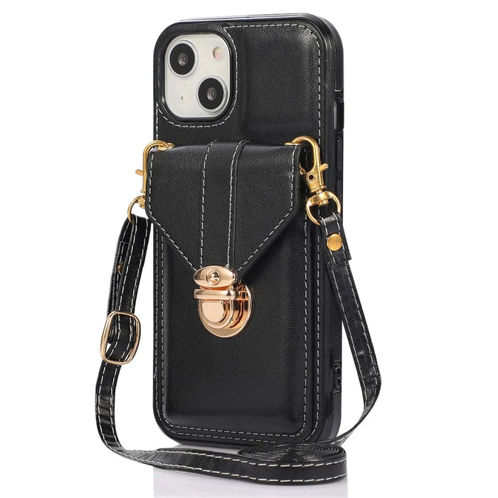 For iPhone 15 Plus Phone Shell Kickstand PU Leather Coated TPU Phone Cover Card Holder Case - Black - 1