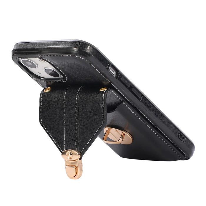 For iPhone 15 Plus Phone Shell Kickstand PU Leather Coated TPU Phone Cover Card Holder Case - Black - 3