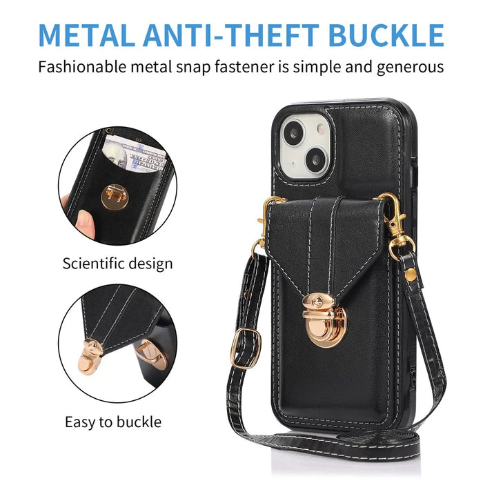 For iPhone 15 Plus Phone Shell Kickstand PU Leather Coated TPU Phone Cover Card Holder Case - Black - 5