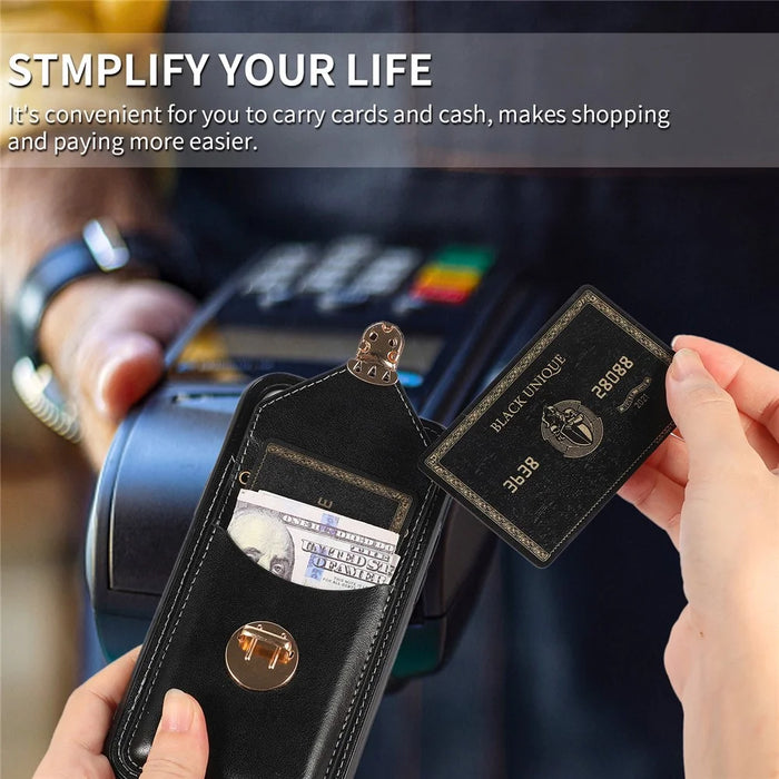 For iPhone 15 Plus Phone Shell Kickstand PU Leather Coated TPU Phone Cover Card Holder Case - Black - 6