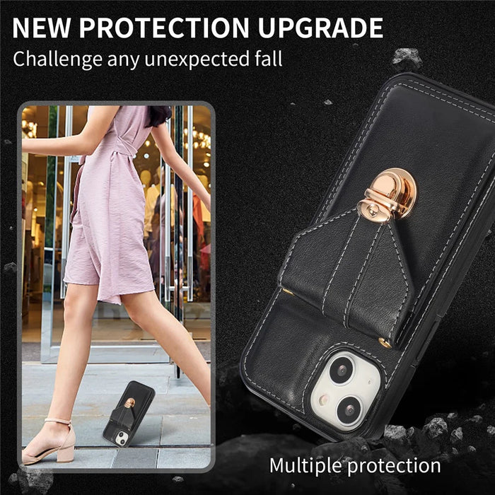 For iPhone 15 Plus Phone Shell Kickstand PU Leather Coated TPU Phone Cover Card Holder Case - Black - 7
