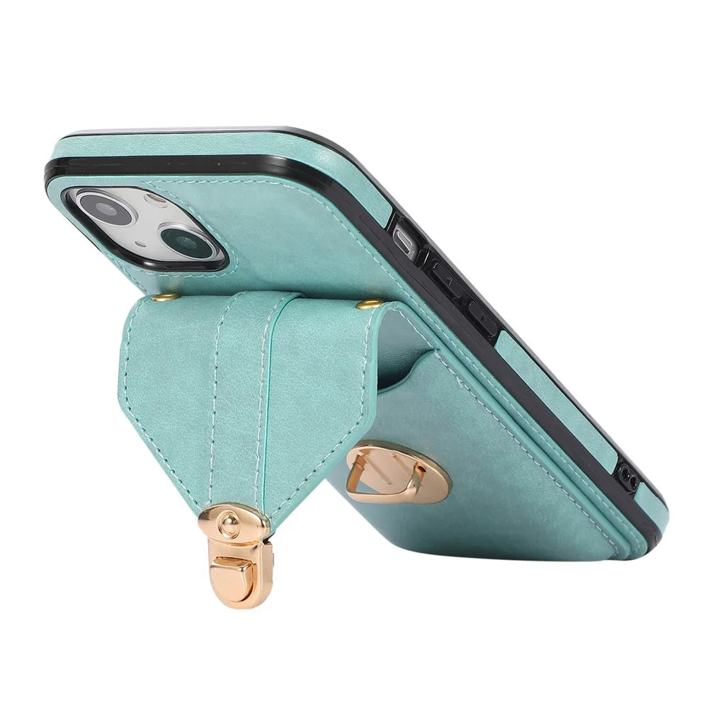 For iPhone 15 Anti-Scratch PU Leather+TPU Phone Cover Case Card Holder Kickstand Phone Shell - Green - 3