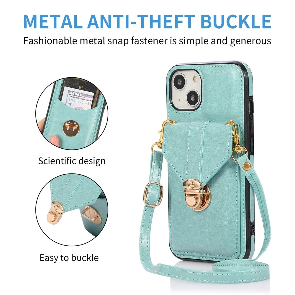 For iPhone 15 Anti-Scratch PU Leather+TPU Phone Cover Case Card Holder Kickstand Phone Shell - Green - 5