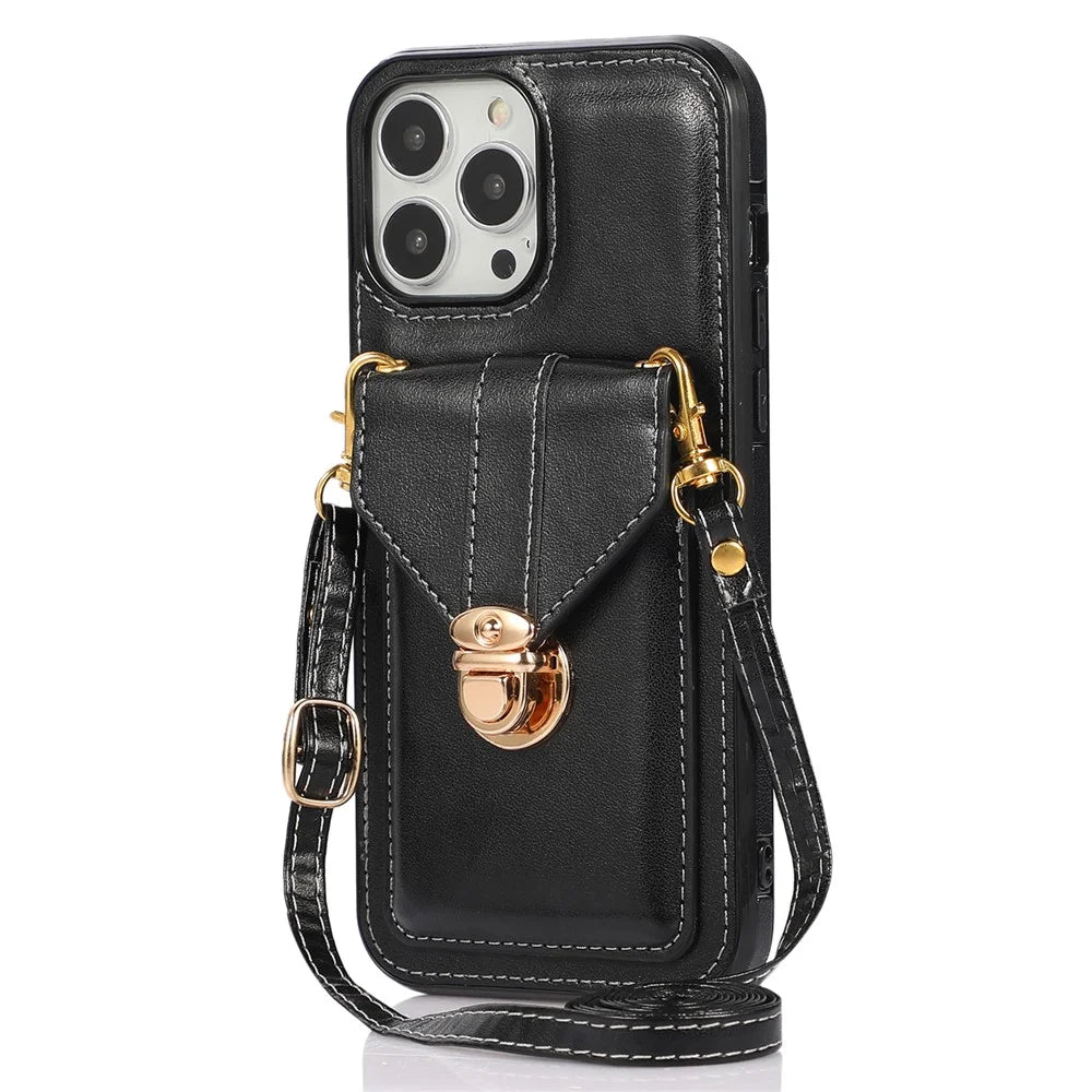 For iPhone 15 Pro Card Holder Kickstand Phone Shell PU Leather Coated TPU Phone Cover Case - Black - 1