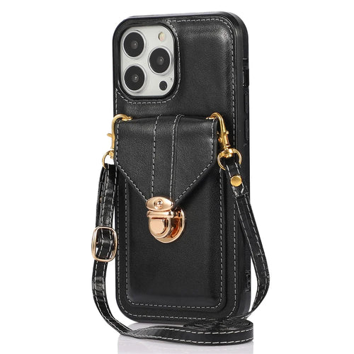 For iPhone 15 Pro Card Holder Kickstand Phone Shell PU Leather Coated TPU Phone Cover Case - Black - 1