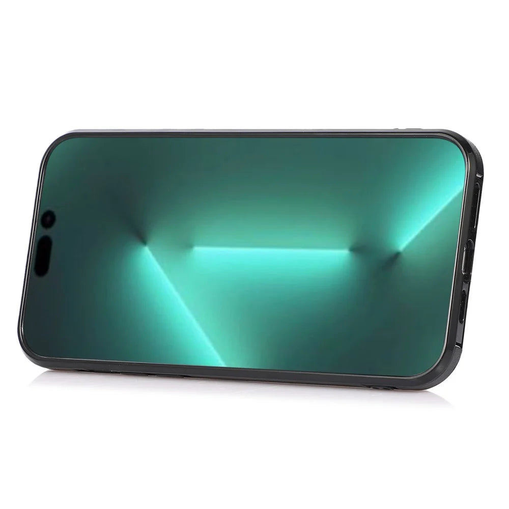 For iPhone 15 Pro Card Holder Kickstand Phone Shell PU Leather Coated TPU Phone Cover Case - Black - 2