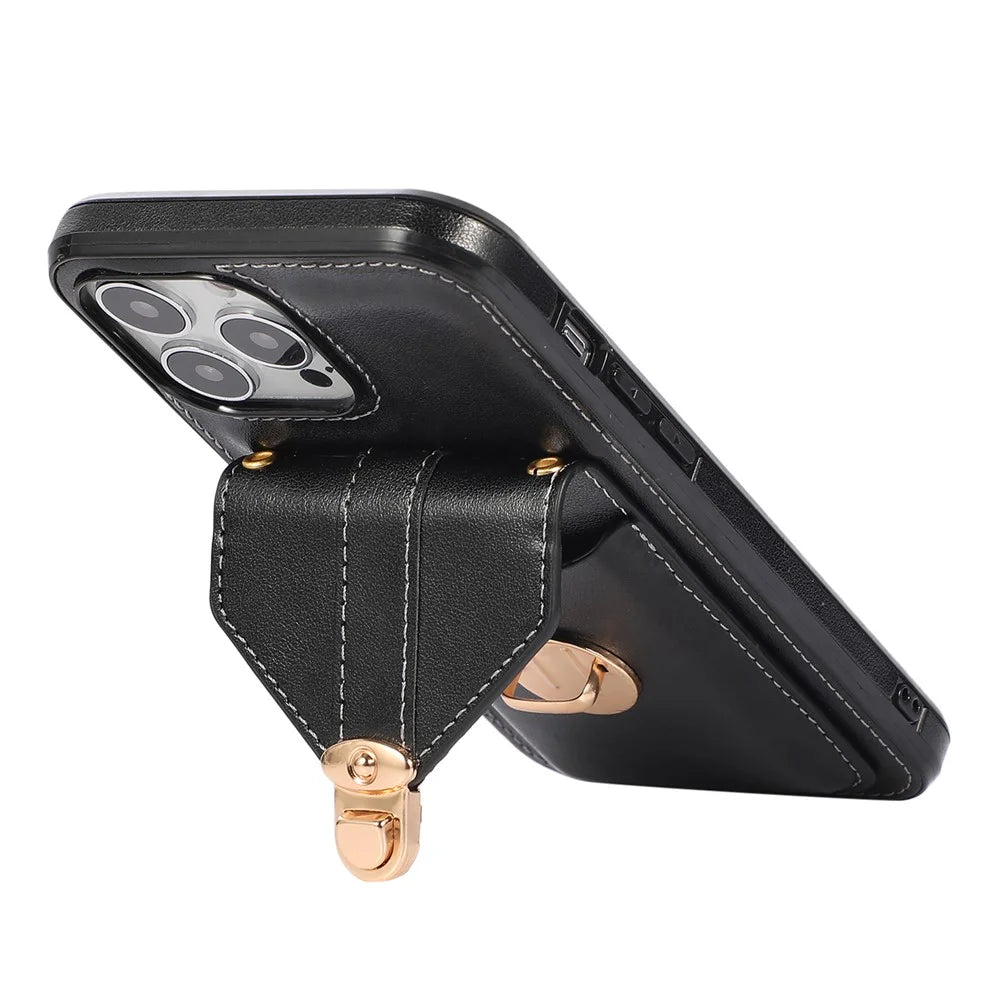 For iPhone 15 Pro Card Holder Kickstand Phone Shell PU Leather Coated TPU Phone Cover Case - Black - 3