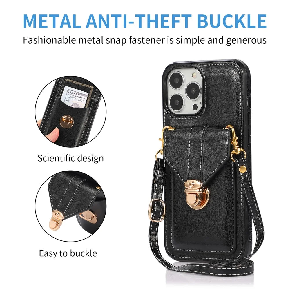 For iPhone 15 Pro Card Holder Kickstand Phone Shell PU Leather Coated TPU Phone Cover Case - Black - 5