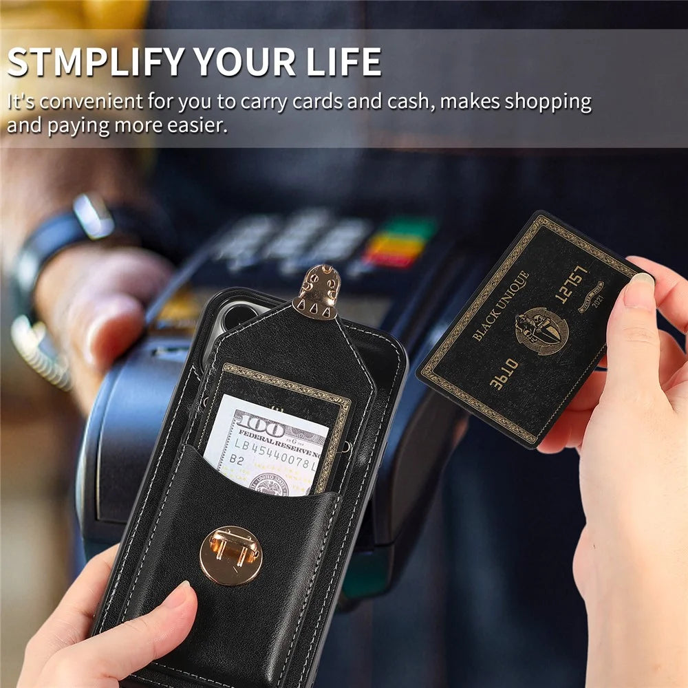 For iPhone 15 Pro Card Holder Kickstand Phone Shell PU Leather Coated TPU Phone Cover Case - Black - 6