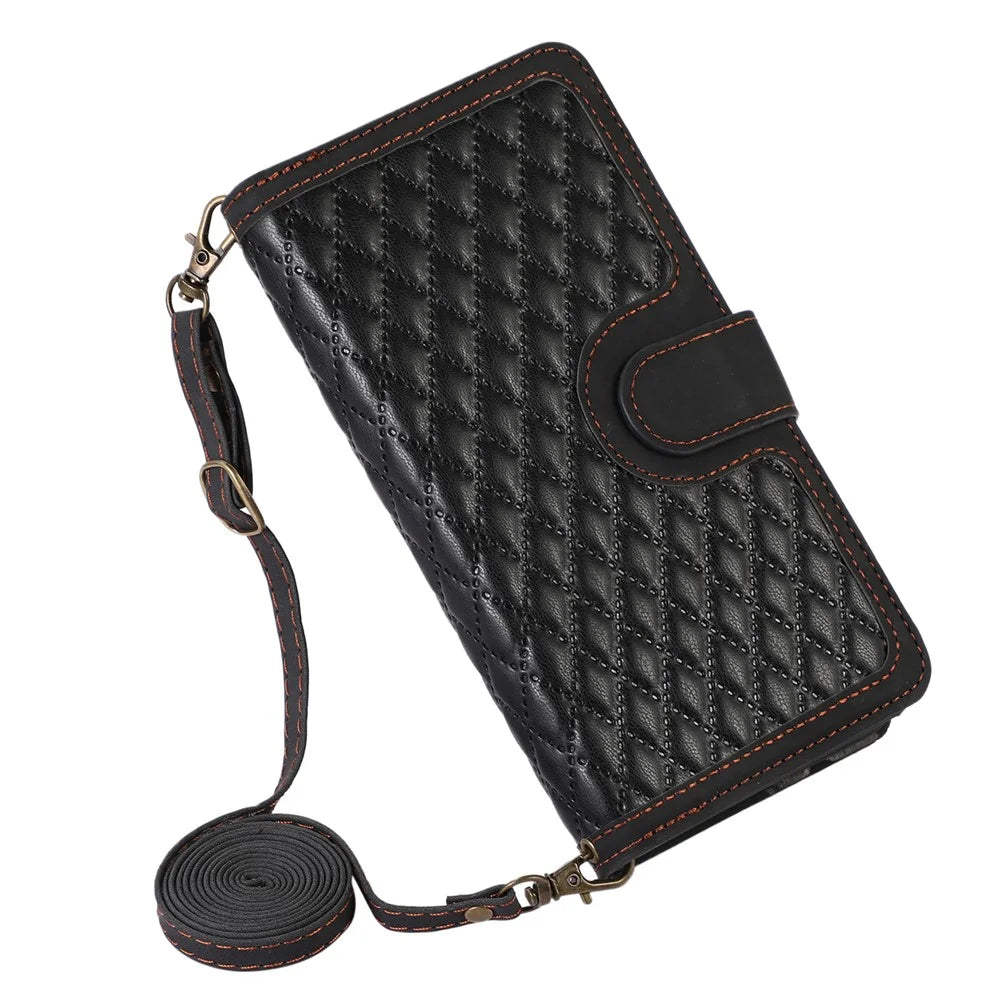 For iPhone 15 Pro Max Zipper Pocket 9 Card Slots Leather Shell Wallet Stand Phone Case with 2 Straps - Black - 6