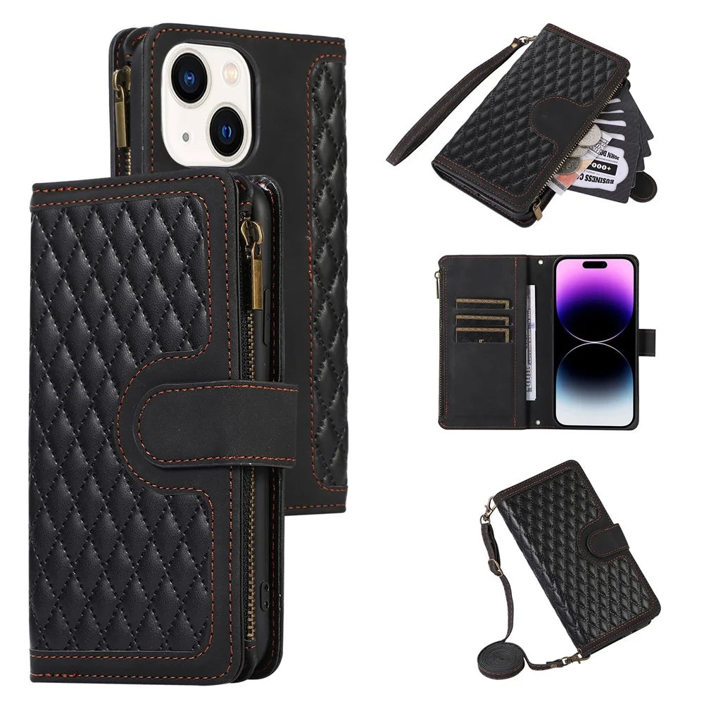 For iPhone 15 Plus Flip Wallet Stand Case 9 Card Slots Zipper Pocket Phone Cover with Wrist+Shoulder Straps - Black - 1
