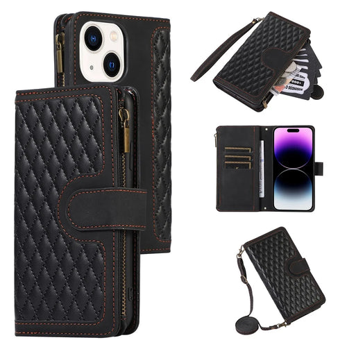 For iPhone 15 Plus Flip Wallet Stand Case 9 Card Slots Zipper Pocket Phone Cover with Wrist+Shoulder Straps - Black - 1