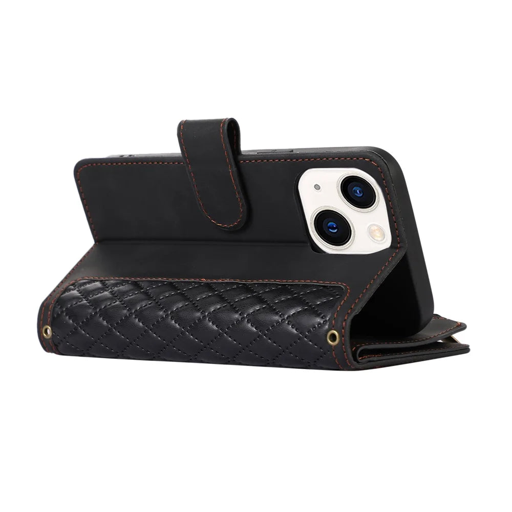 For iPhone 15 Plus Flip Wallet Stand Case 9 Card Slots Zipper Pocket Phone Cover with Wrist+Shoulder Straps - Black - 5