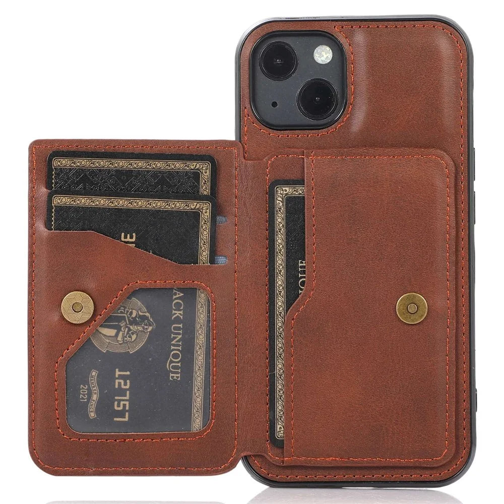 For iPhone 15 Shockproof Back Card Bag Phone Case PU Leather + TPU Kickstand Phone Cover - Coffee - 1