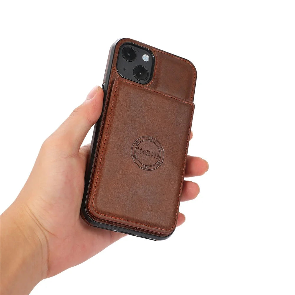 For iPhone 15 Shockproof Back Card Bag Phone Case PU Leather + TPU Kickstand Phone Cover - Coffee - 5